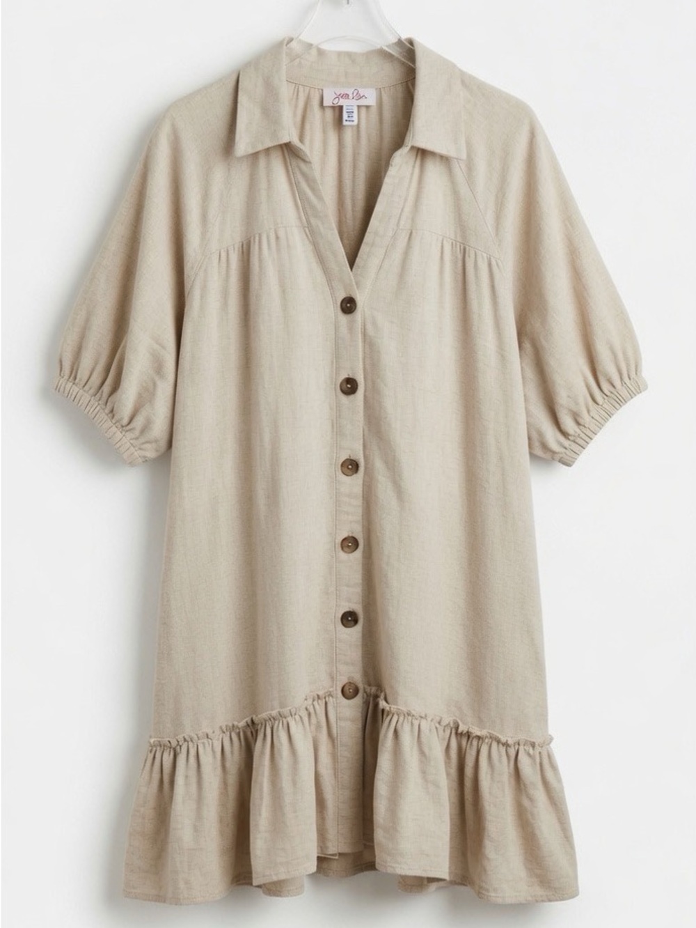 Jess Lea Linen Blend Ruffle Hem Shirt Dress Large Pockets Neutral Boho